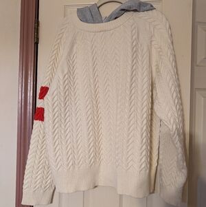 Central Park West Cream and Red Cable Knit Sweater
